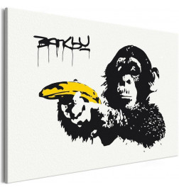 DIY poslikava opica z banano - belo ozadje cm.60x40