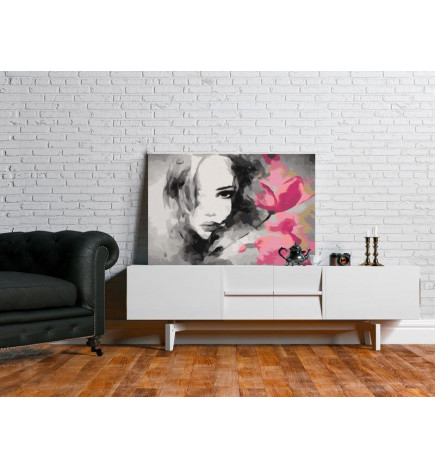Quadro pintado por você - Black & White Portrait With A Pink Flower