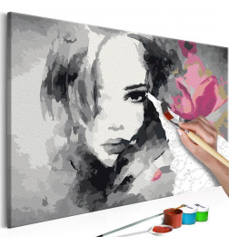 Malen nach Zahlen - Porträt in schwarz-weiß mit rosaroter Blume