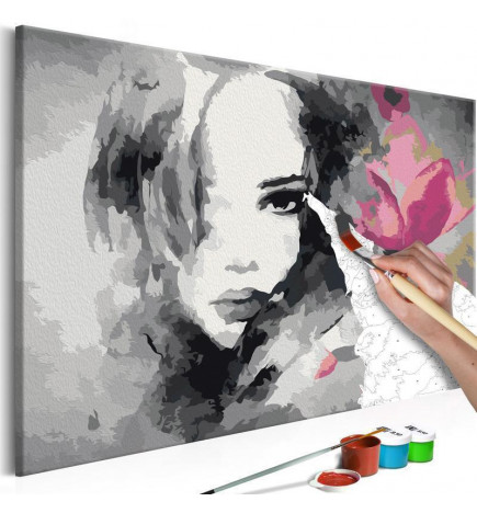 Quadro pintado por você - Black & White Portrait With A Pink Flower