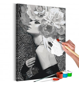DIY slika dekle z rožami v črno-beli barvi cm. 40x60
