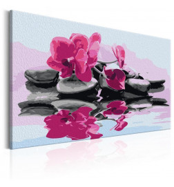 Cuadro para colorear - Orquídea y piedras zen reflejadas en un espejo del agua