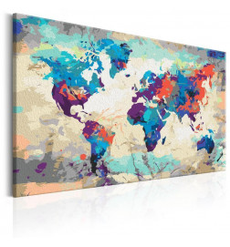 Tableau à peindre par soi-même - Carte du monde (bleu-rouge)