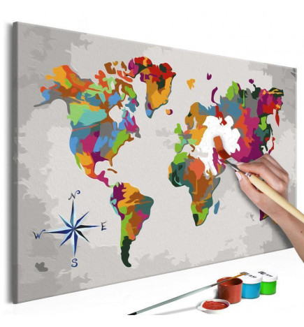Tableau à peindre par soi-même - Carte du monde (avec rose des vents)