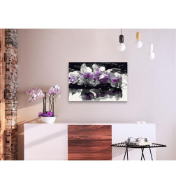 Tableau à peindre par soi-même - Orchidée violette (fond noir et reflet dans l'eau)