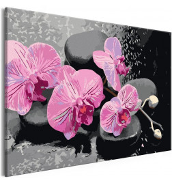 Cuadro para colorear - Orquídea y piedras zen (fondo negro)