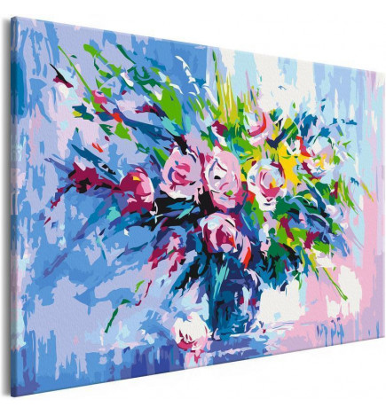 Quadro fai da te. con dei fiori su sfondo blu cm. 60x40