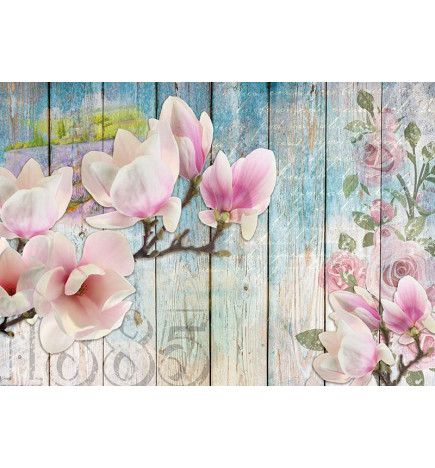 Fototapet - Pink Flowers on Wood