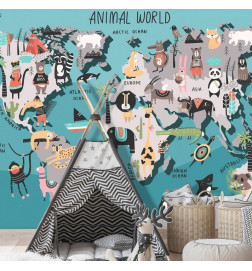 Fototapeet - Geography lesson for children - colourful world map with animals