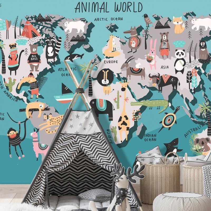 34,00 € Foto tapete - Geography lesson for children - colourful world map with animals