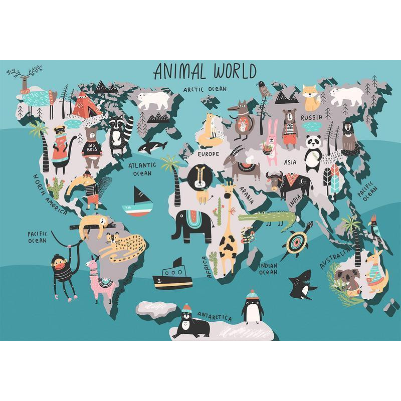 34,00 €Mural de parede - Geography lesson for children - colourful world map with animals