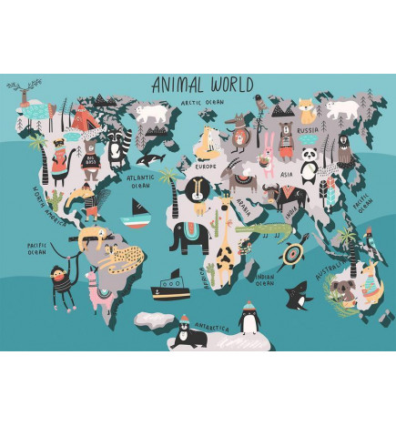 Fotomural - Geography lesson for children - colourful world map with animals