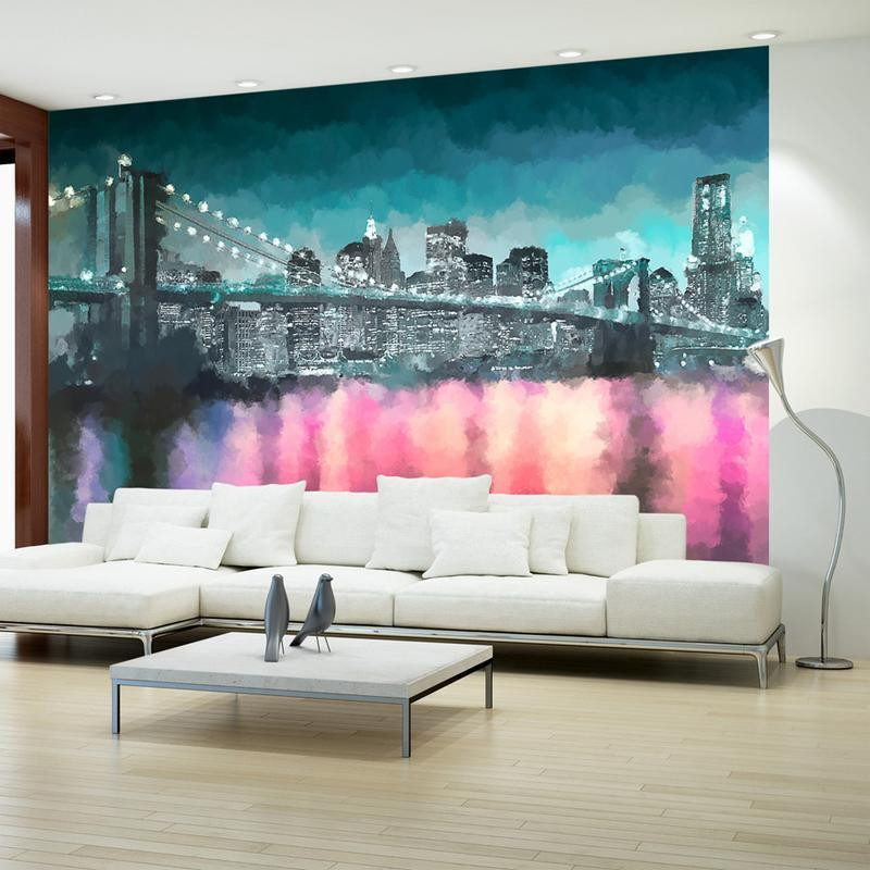 34,00 € Fotobehang - Painted New York - Nighttime Architecture against the Background of the Brooklyn Bridge