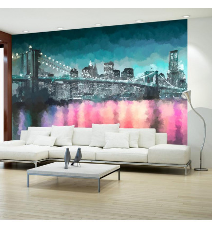 34,00 € Fotomural - Painted New York - Nighttime Architecture against the Background of the Brooklyn Bridge
