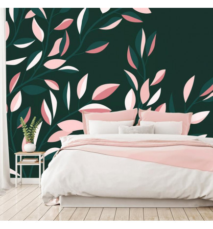 Wall Mural - Flowering vine - minimalist climbing leaves on a green background