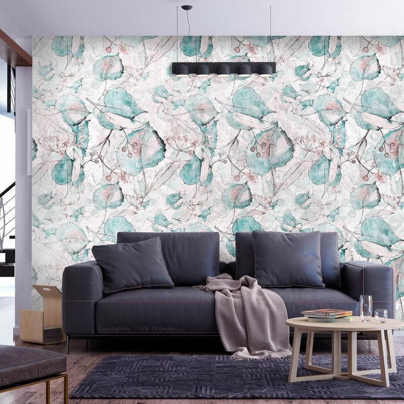 34,00 € Foto tapete - Autumn souvenirs - floral pattern with turquoise leaves