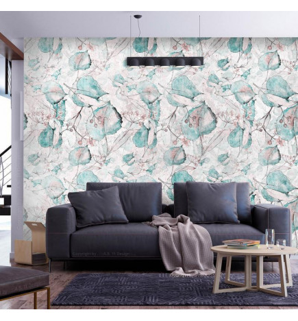 Fotomural - Autumn souvenirs - floral pattern with turquoise leaves