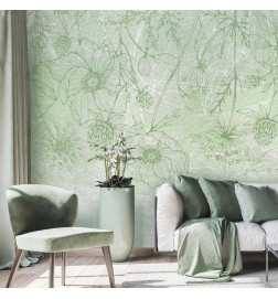 34,00 € Wall Mural - Flowery meadow - nature with field flowers lineart on green background