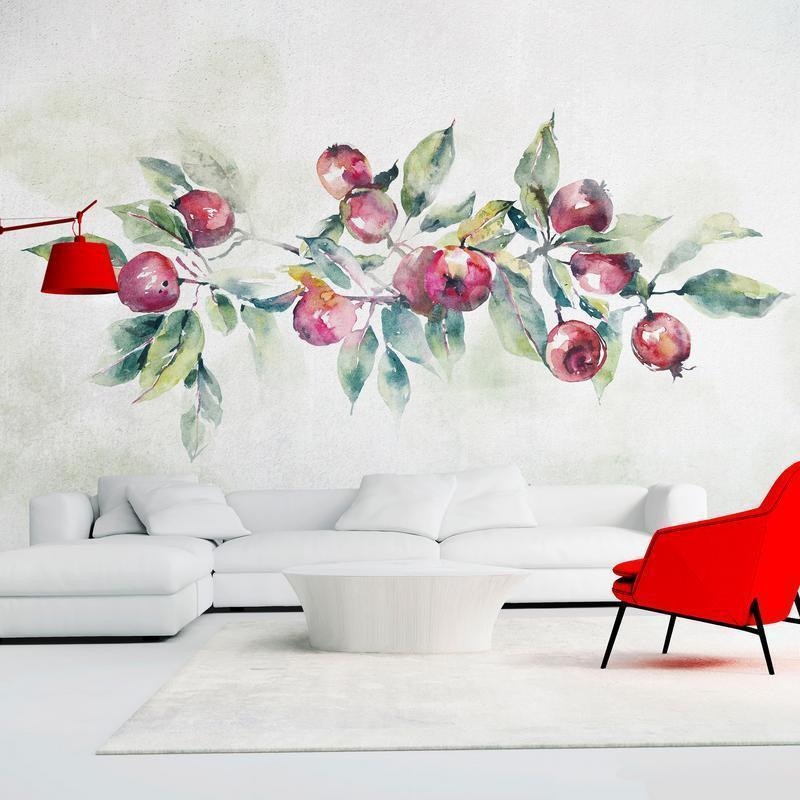 34,00 € Fotobehang - Apple branch - landscape with a plant and red apples on a white background