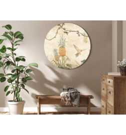Quadro redondo - Tropics in muted colors - Parrots and pineapples amidst lush exotic flora in soft shades of green/Parro