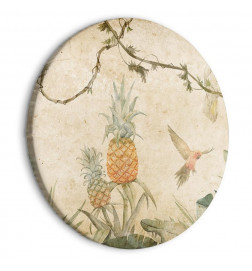 Quadro rotondo - Tropics in muted colors - Parrots and pineapples amidst lush exotic flora in soft shades of green/Parro