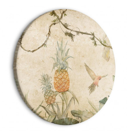 Apaļa glezna - Tropics in muted colors - Parrots and pineapples amidst lush exotic flora in soft shades of green/Parrots
