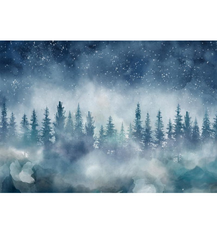 Fototapeet - Night landscape - landscape of a misty forest at night with a starry sky