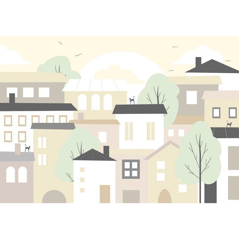 34,00 € Fototapete - Yellow town - city suburb with trees and cats for children