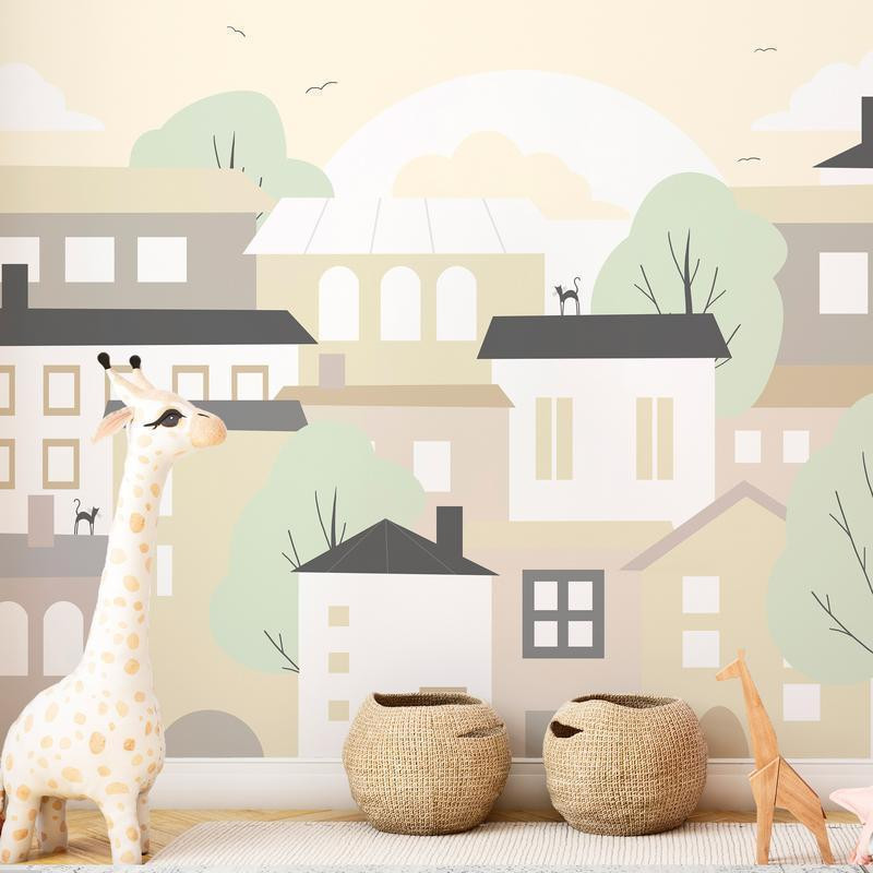 34,00 € Wall Mural - Yellow town - city suburb with trees and cats for children