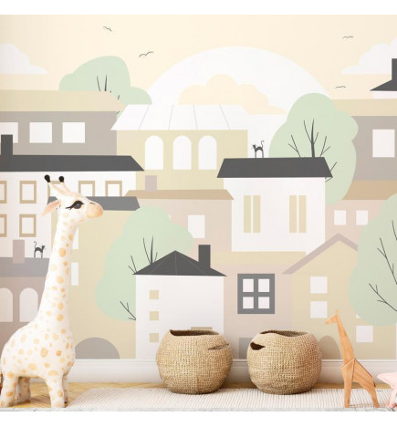 Wall Mural - Yellow town - city suburb with trees and cats for children