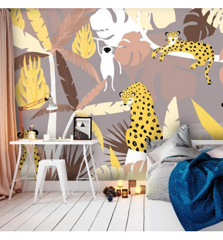 Fototapeet - Cheetahs in the jungle - landscape with exotic animals with palm trees for children