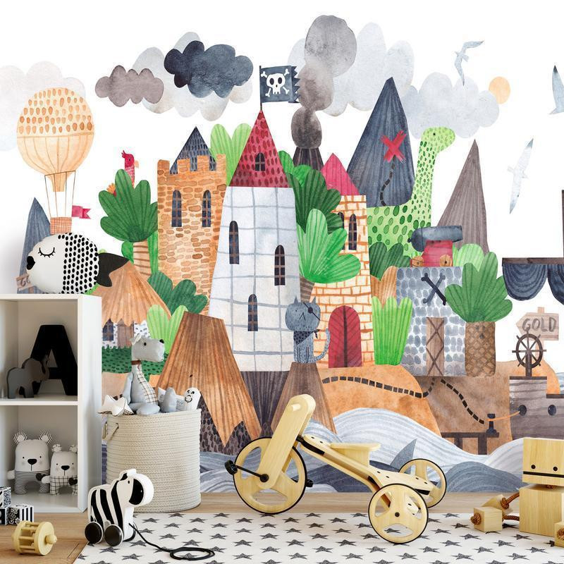 34,00 € Fototapeet - A colourful treasure island with a castle - a pirate ship at sea for children
