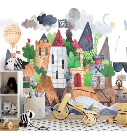 34,00 € Fototapeet - A colourful treasure island with a castle - a pirate ship at sea for children