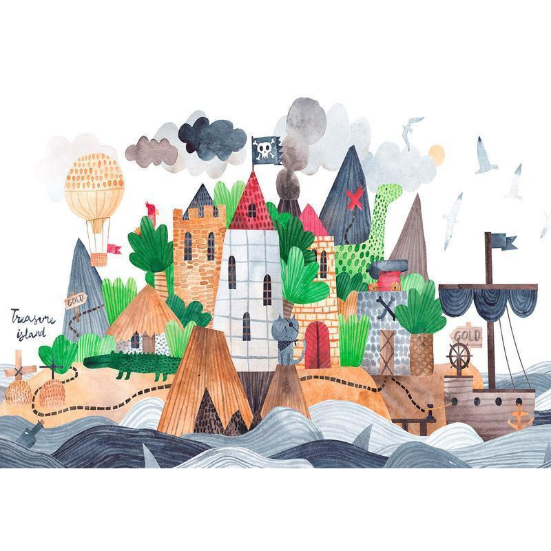 34,00 € Fotobehang - A colourful treasure island with a castle - a pirate ship at sea for children
