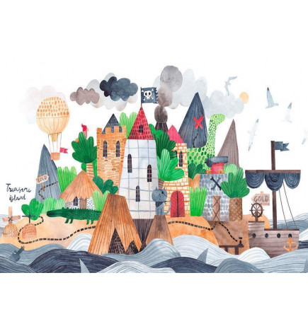 Fototapet - A colourful treasure island with a castle - a pirate ship at sea for children