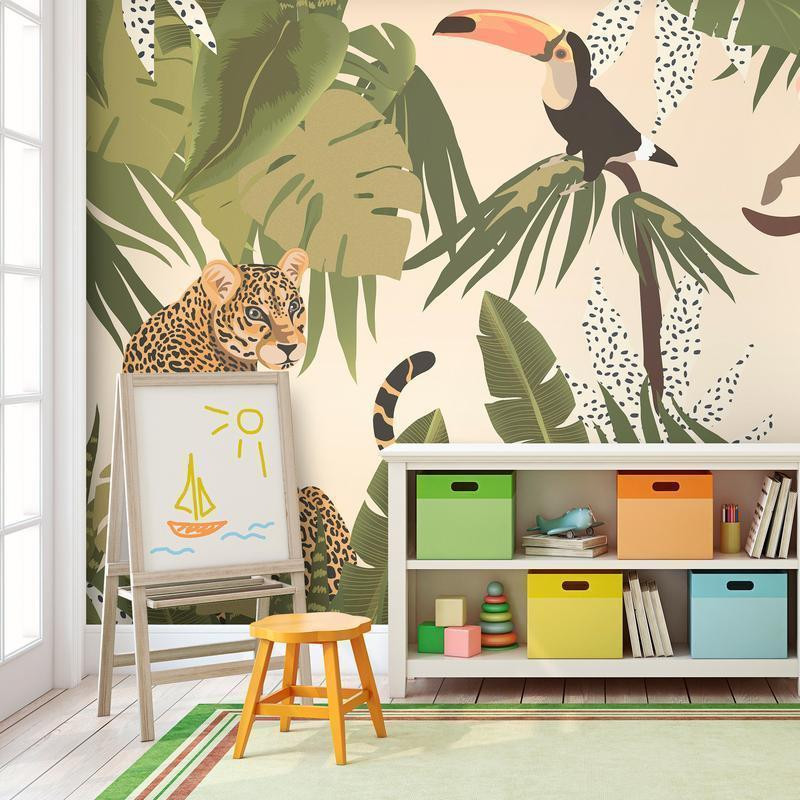 34,00 € Fototapeta - Leaves and Shapes - Jungle in Faded Colours With Animals