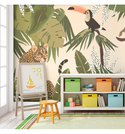 Fototapetti - Leaves and Shapes - Jungle in Faded Colours With Animals
