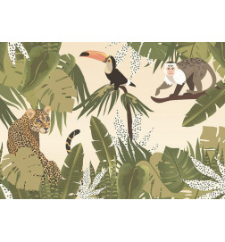 Fotobehang - Leaves and Shapes - Jungle in Faded Colours With Animals