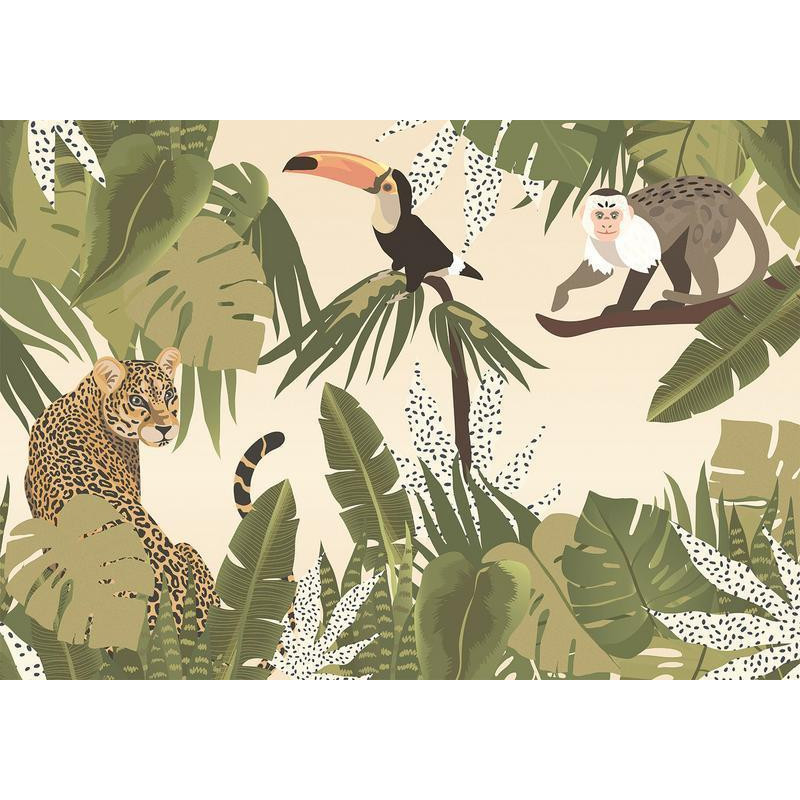 34,00 € Fotobehang - Leaves and Shapes - Jungle in Faded Colours With Animals