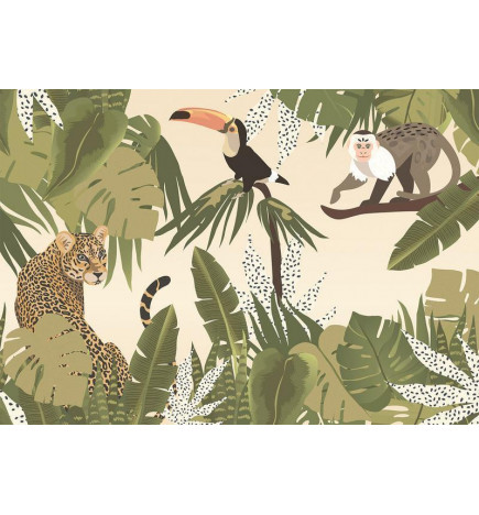 Fototapete - Leaves and Shapes - Jungle in Faded Colours With Animals