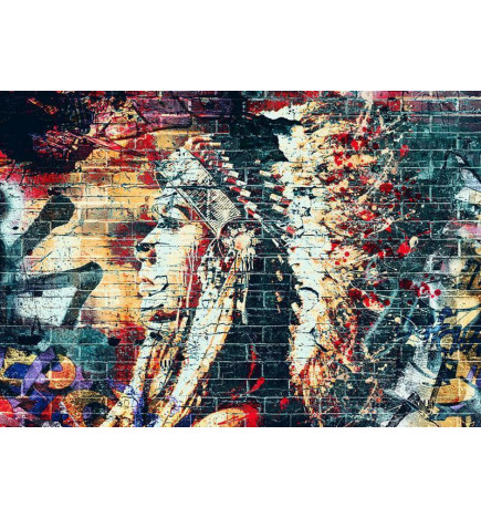 Foto tapete - Street art - colourful graffiti with profile of a woman on a brick background