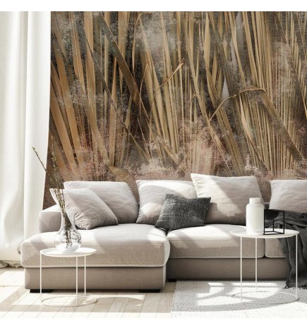 Foto tapete - Dry leaves - landscape of tall grasses in boho style with paint patterns