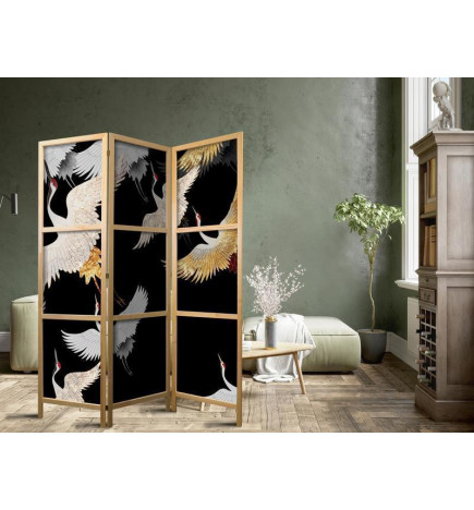 Japanese Room Divider - Cranes at Night - White and Gold Birds Flying Away on a Black Background
