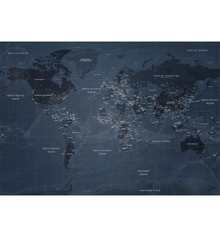 Carta da parati - World map in blue - continents with inscriptions in English