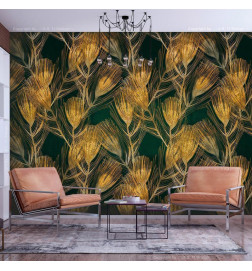 Wall Mural - Golden peacock feathers - solid background with bird pattern on green background