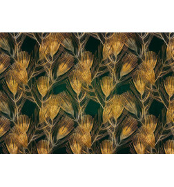 Foto tapete - Golden peacock feathers - solid background with bird pattern on green background