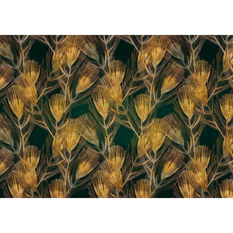 34,00 € Fotomural - Golden peacock feathers - solid background with bird pattern on green background