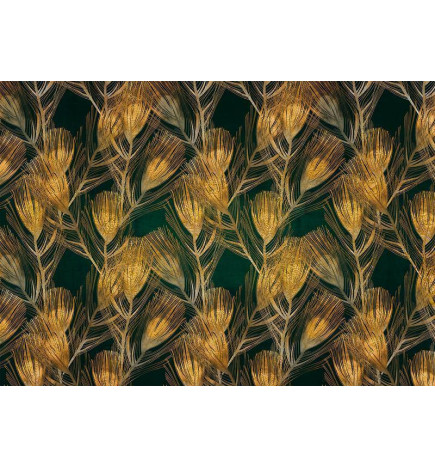 Carta da parati - Golden peacock feathers - solid background with bird pattern on green background