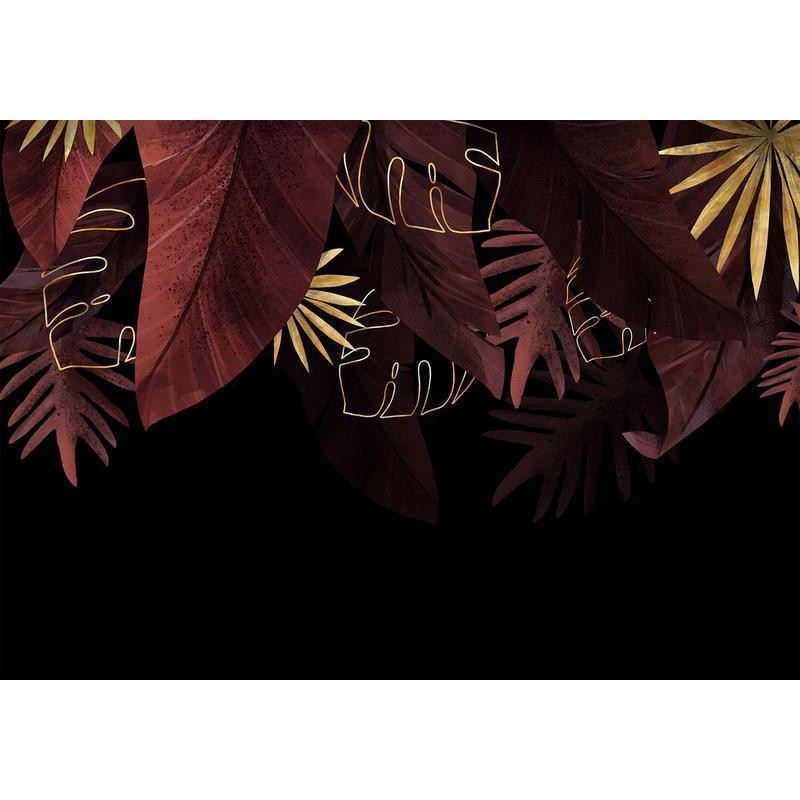 34,00 € Fototapeet - Jungle and composition - red and gold leaf motif on black background