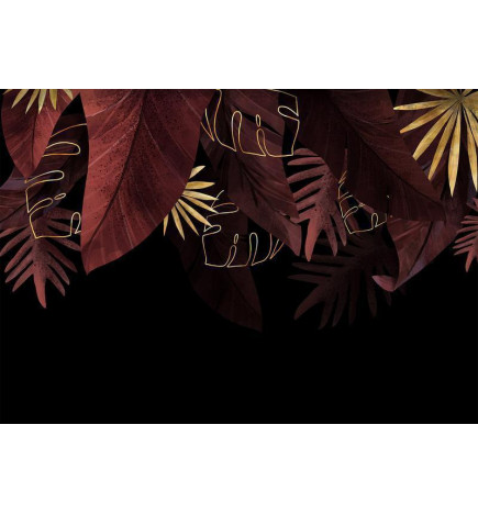Fototapeet - Jungle and composition - red and gold leaf motif on black background